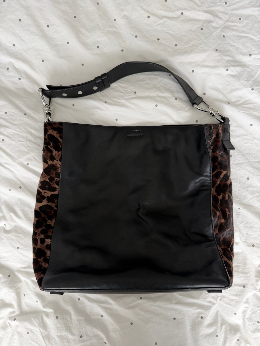 AllSaints Kim North South Black Leather Shoulder Bag with Animal Print Panels